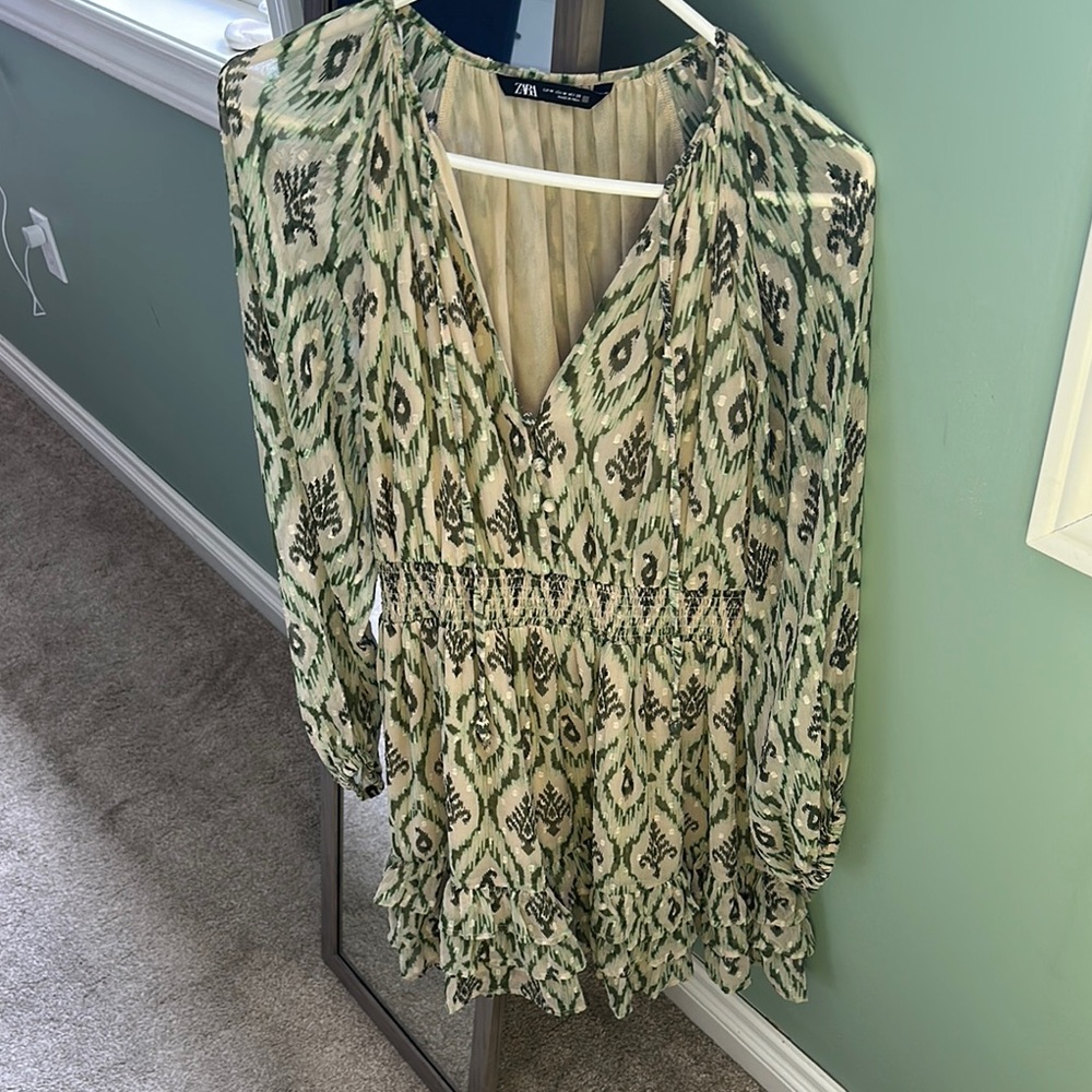 Zara Green Cream Smocked V-Neck Mini Dress